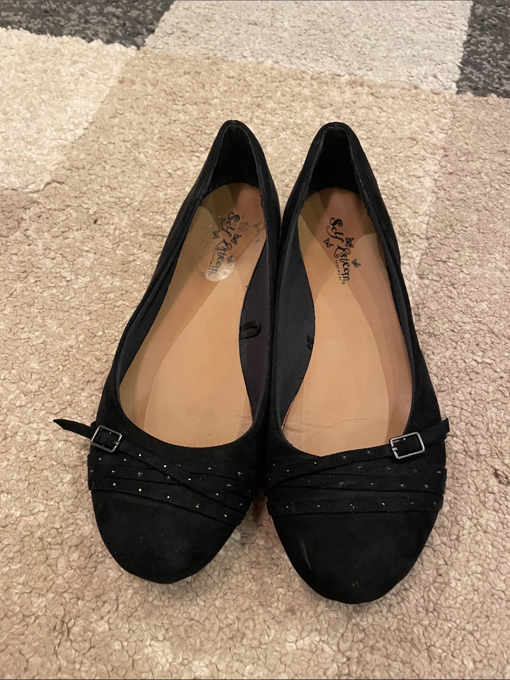 Self Esteem Black Women's Ballet Flats with Studded Strap and Buckle